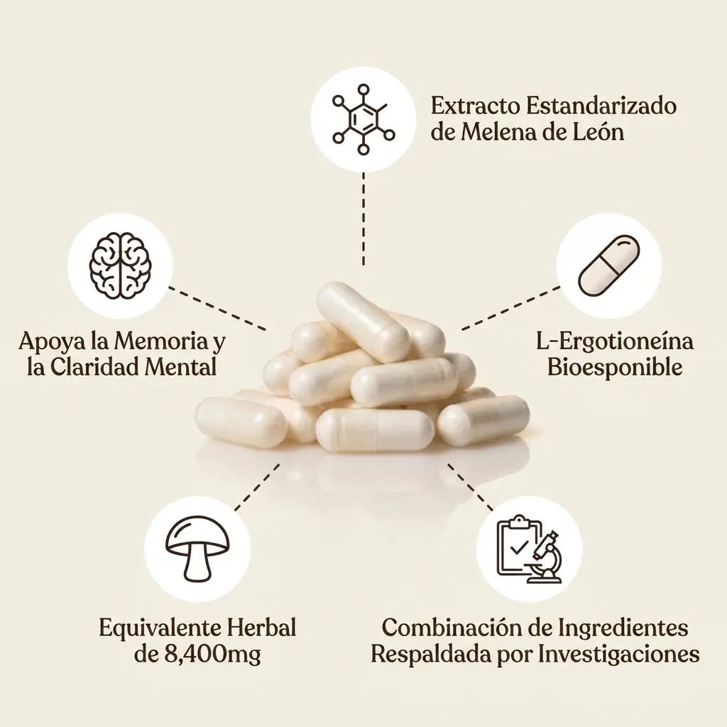 Melena de león + L-ergotioneína — Extracto de hierbas de 8400 mg