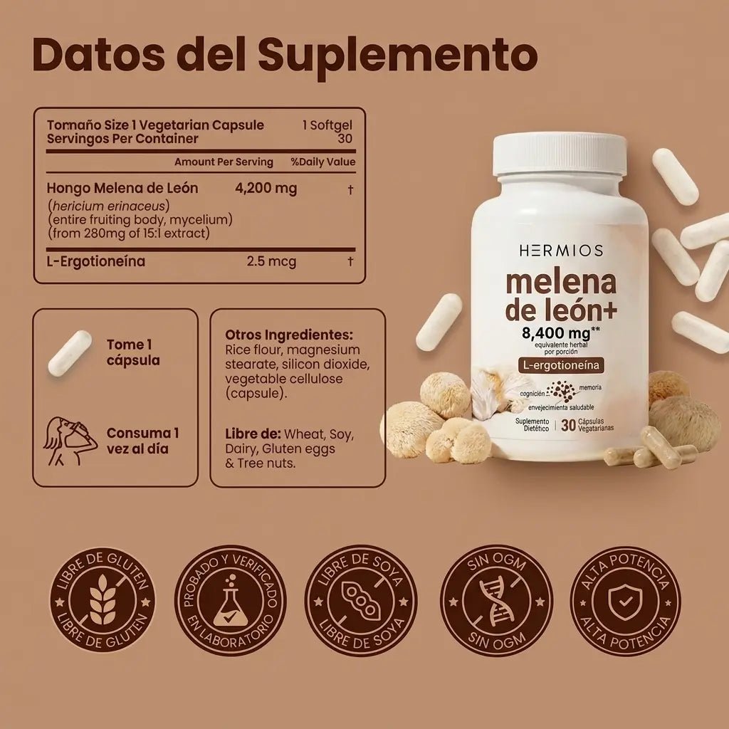 Melena de león + L-ergotioneína — Extracto de hierbas de 8400 mg